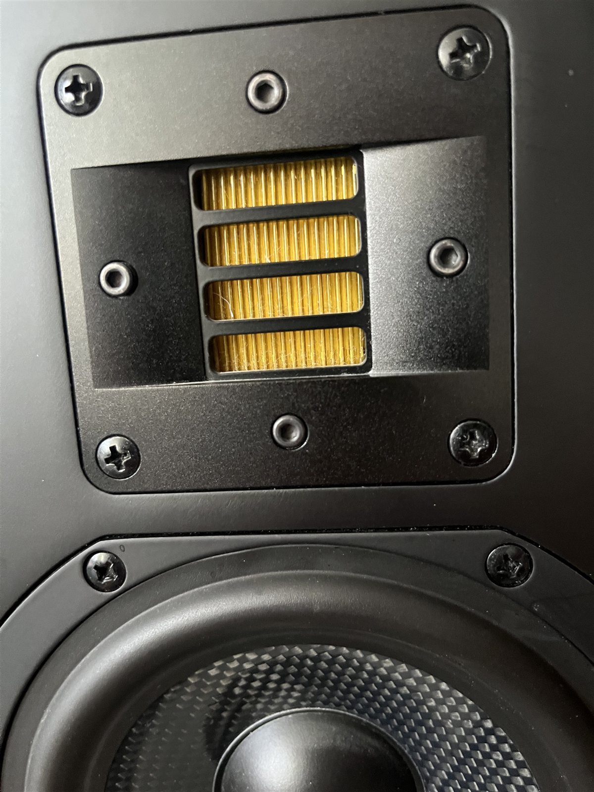 Close-up of an ADAM Audio monitor woofer and ribbon tweeter
